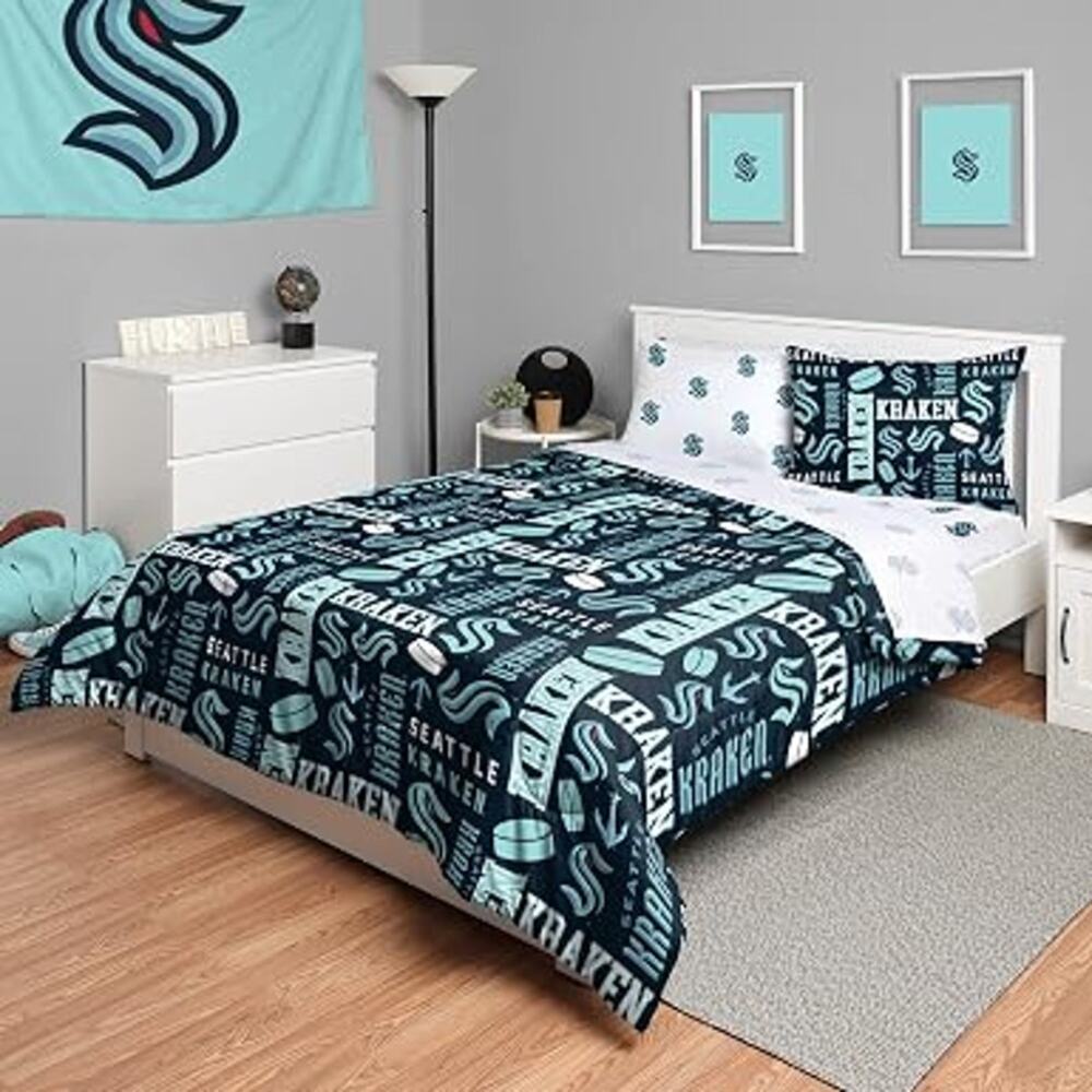 FOCO NHL Unisex-Adult Themed Seattle Krakens team color bed comforter set twin